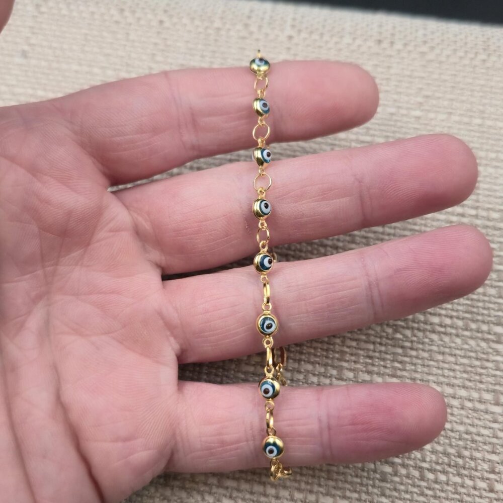 7.5 Inch Gold Over Sterling Silver Evil Eye Nazar Chain Bracelet A7304 - Picture 3 of 7